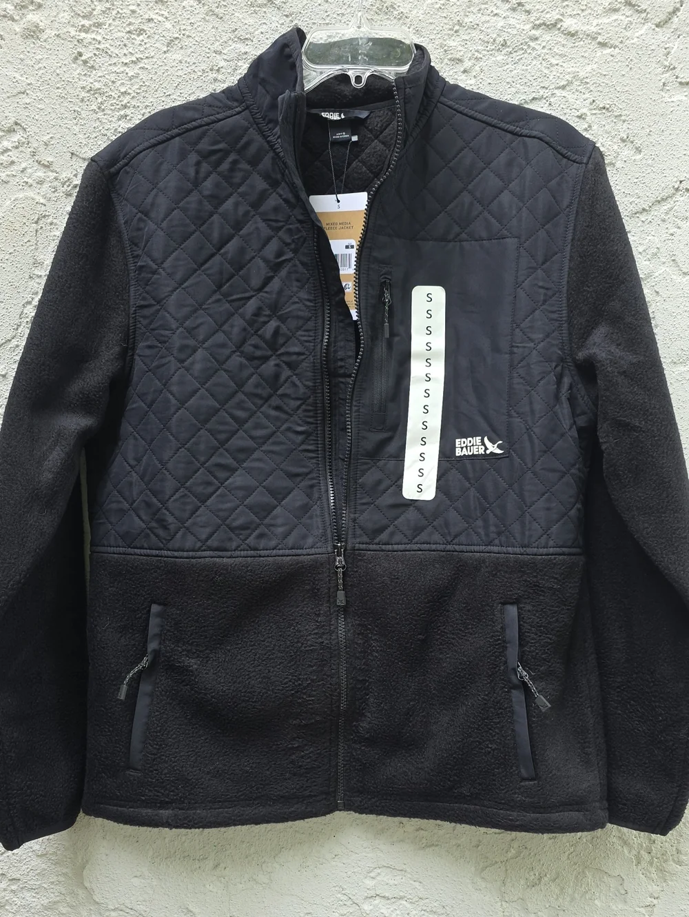 NWT Eddie Bauer Black Quilted Mixed Media Fleece Zip Up Jacket Size Small
